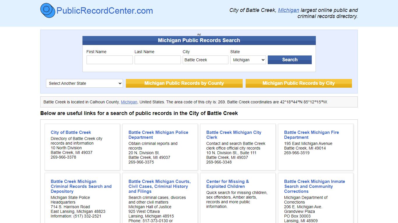 Battle Creek Michigan Public Records and Criminal Background Check