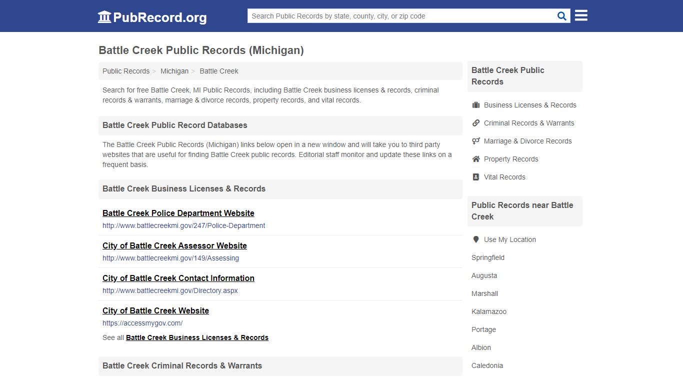 Free Battle Creek Public Records (Michigan Public Records) - PubRecord.org