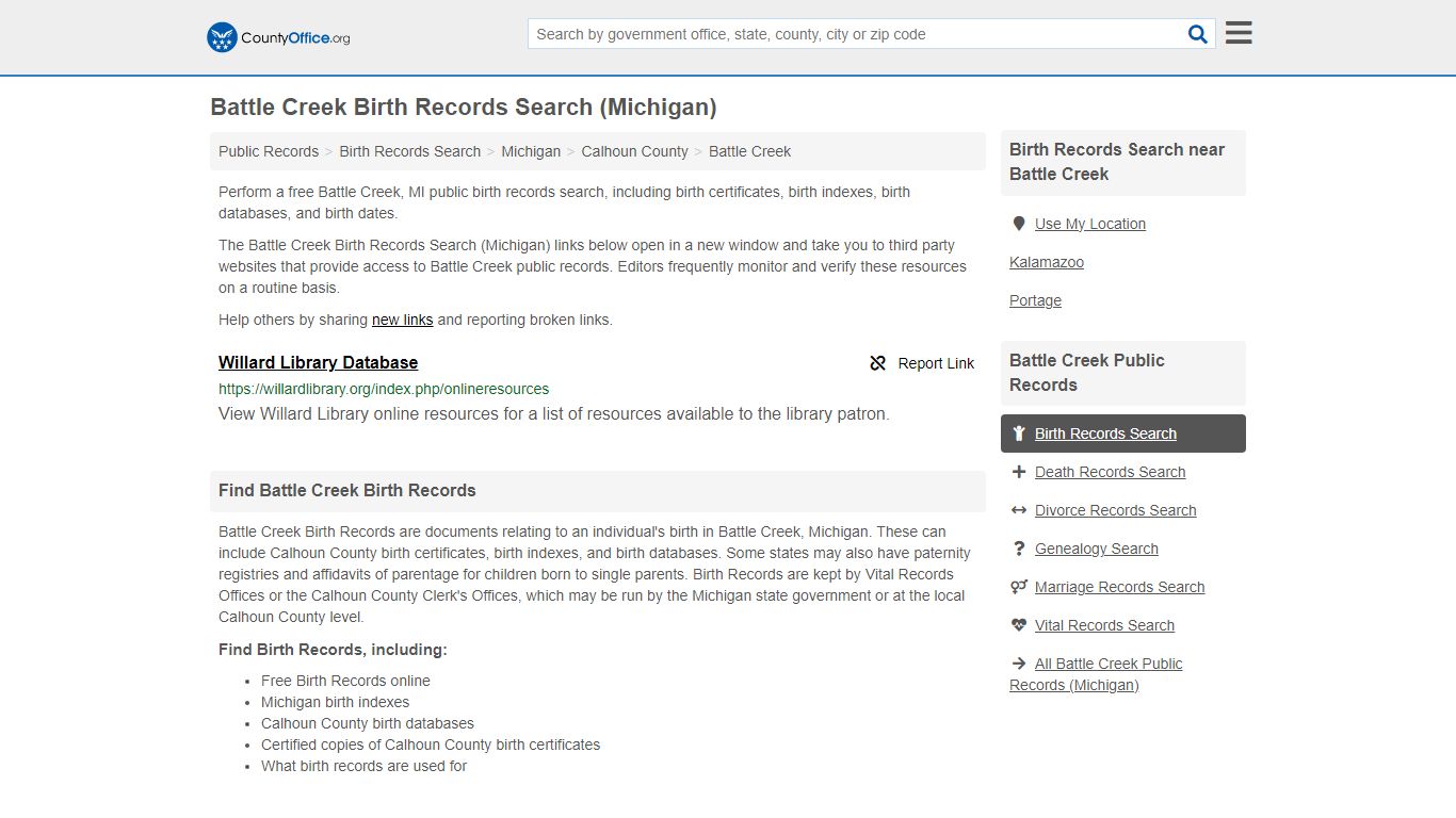 Battle Creek Birth Records Search (Michigan) - County Office